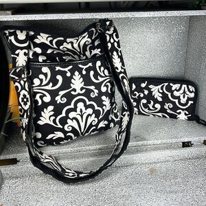 Thirty-One Organizing Shoulder Bag  Purse & Wallet Set Black Parision Pop